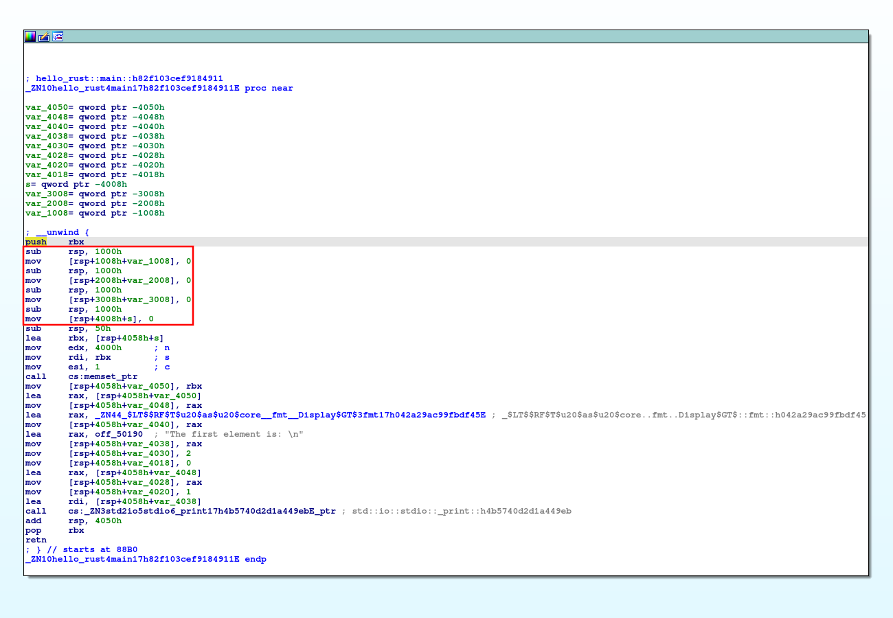 IDA Pro 屏幕截图，列出了修改后的 hello-rust 中的“展开循环”堆栈探测变体。