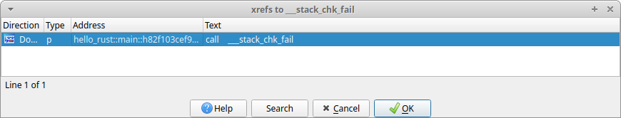 IDA Pro 屏幕截图，列出了 hello-rust 中对 __stack_chk_fail 的交叉引用。